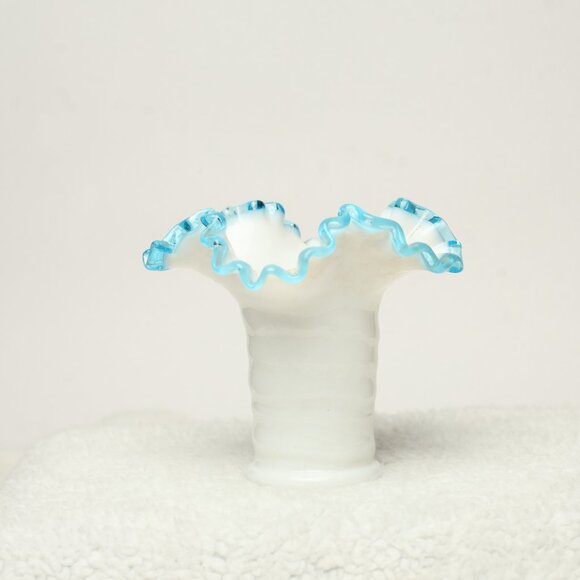 Fenton Other - Vintage Fenton Milk Glass Aqua Crest White Ruffled Ribbed Glass Vase EUC